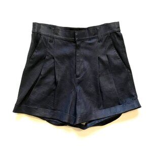 SPRWMN Deep Pleat Trouser Leather Shorts Womens Small Navy Blue High Rise Cuffed